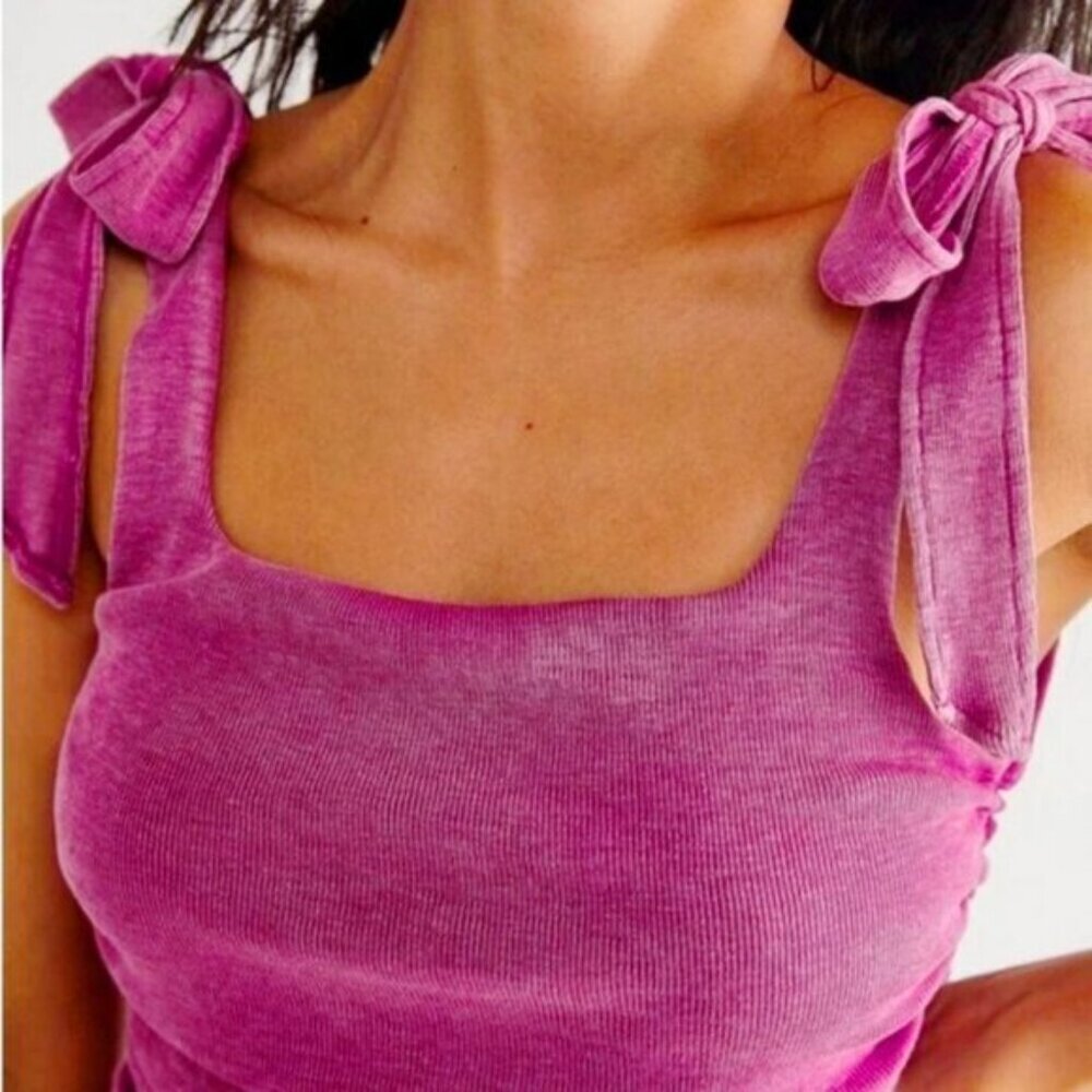 Free People ✦ Boulevard Tank ✦ Dragonfruit Pink Tie Straps Ruched Bodice XS NWOT - Picture 5 of 11